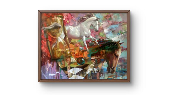 油絵抽象画オリジナルの油絵馬、砂時計、明るい色の抽象画手作りアート