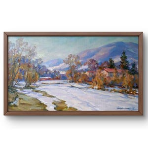 Oil painting landscape original, oil painting on canvas, calm winter landscape with mountains and river, handmade art, unframed, wall art