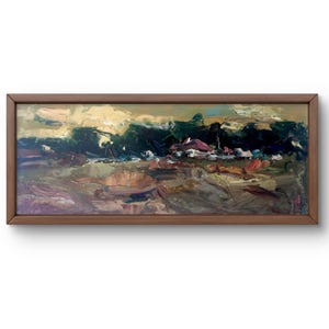 Pintura a óleo paisagem original, pintura a óleo sobre papelão, arredores de aldeia, vida selvagem, pinceladas expressivas, arte feita à mão, sem moldura