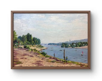 Oil painting landscape original, oil painting on cardboard, calm waters of the river and the shore, handmade art, unframed, wall art