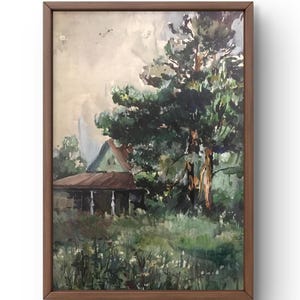 Pintura de acuarela paisaje original, pintura sobre cartón, paisaje de bosque, arte hecho a mano, naturaleza, sin marco, paisaje de casa, arte de pared