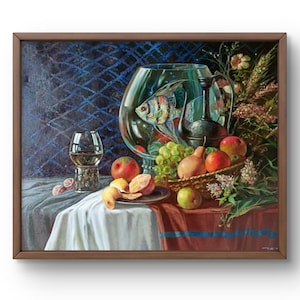 Oil painting still life original, oil painting, bright scene with a glass aquarium with colorful fish, handmade art, unframed, wall art
