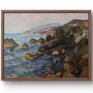 Pintura a óleo paisagem original, pintura em papelão, paisagem marinha, arte artesanal, natureza, sem moldura, paisagem rochosa, arte de parede