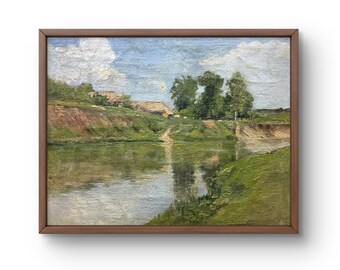 Original Oil Painting: Calm River Landscape on Canvas (8.66x11.41 inches)