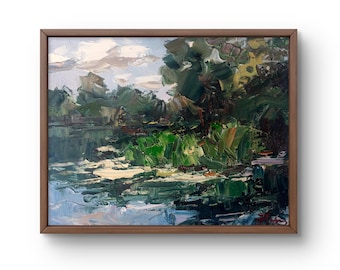 Oil painting landscape original, oil painting on canvas, dense greenery and calm water surface, green trees, handmade art, unframed