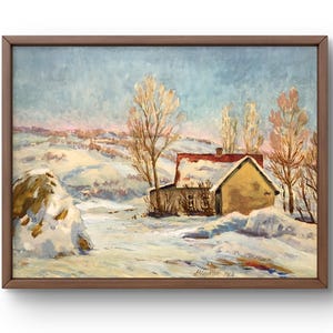 Dipinto a guazzo paesaggio originale, dipinto a guazzo su carta, casa innevata con alberi e cielo azzurro, arte fatta a mano, senza cornice, arte murale