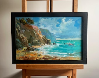 Oil painting landscape original, painting on cardboard, landscape, handmade art, nature, unframed, seascape, rocks, boat, wall art