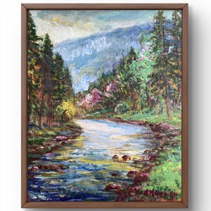 Pintura al óleo paisaje original, pintura sobre cartón, paisaje de río, arte hecho a mano, naturaleza, sin marco, paisaje forestal, arte de pared