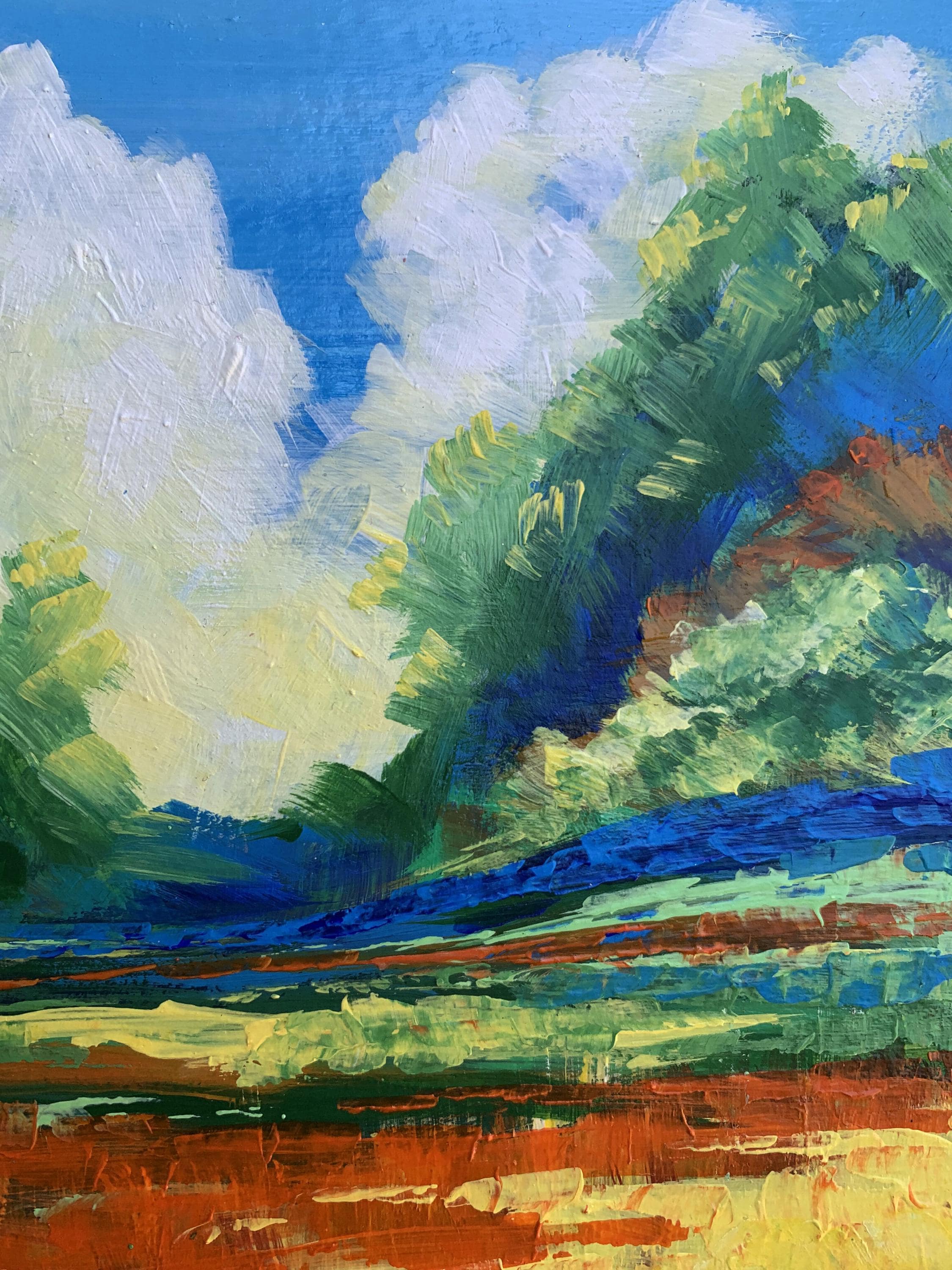 油絵風景画オリジナル、段ボールに描いた絵、草原の風景、手作りアート