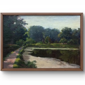Oil painting landscape original, oil painting, a calm path on the lake shore leading to the forest, handmade art, unframed, wall art