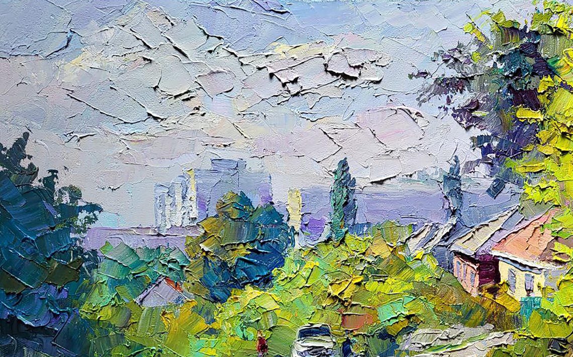 Oil Painting Landscape Original, Oil Painting, Vibrant Suburban Street