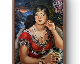 油彩画 女性の肖像 油絵の肖像画（オリジナル）、キャンバスに描いた油絵、伝統的な衣装を