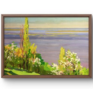 Dipinto a guazzo paesaggio originale, dipinto su carta, paesaggio fluviale, arte fatta a mano, natura, senza cornice, paesaggio di alberi, arte murale
