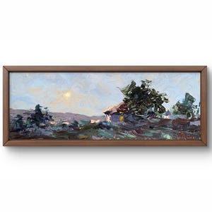 Pintura al óleo paisaje original, pintura sobre cartón, paisaje de pueblo, arte hecho a mano, naturaleza, sin marco, paisaje lunar, arte de pared