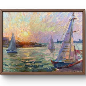 Pintura a óleo paisagem original, pintura em papelão, paisagem marinha, arte artesanal, natureza, sem moldura, paisagem de iate, arte de parede, decoração de parede