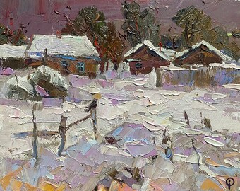Oil painting Snow covered street Oksana Kalenyuk home decor art collectibles nature landscape nKalen1284