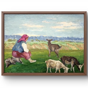 Pintura al óleo paisaje original, pintura al óleo sobre cartón, mujer con ropa de pueblo, cabras pastando, arte hecho a mano, sin marco, arte de pared