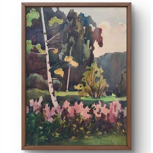 Dipinto ad acquerello paesaggio originale, dipinto su carta, paesaggio forestale, arte fatta a mano, natura, senza cornice, paesaggio di alberi, arte murale