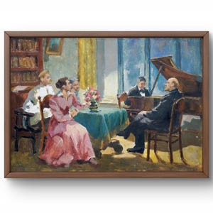 Pintura a óleo realismo socialista original, pintura a óleo sobre papelão, pessoas ouvindo piano, arte feita à mão, sem moldura, arte de parede