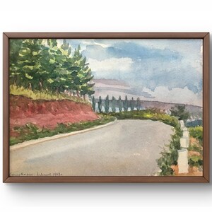 Pintura de acuarela paisaje original, pintura sobre cartón, paisaje de carretera, arte hecho a mano, naturaleza, sin marco, paisaje de verano, arte de pared