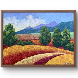 Pintura al óleo paisaje original, pintura sobre cartón, paisaje de montaña, arte hecho a mano, naturaleza, sin marco, paisaje de campo, arte de pared