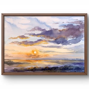 Dipinto ad acquerello paesaggio originale, dipinto su carta, paesaggio marino, arte fatta a mano, natura, senza cornice, scena romantica, arte murale