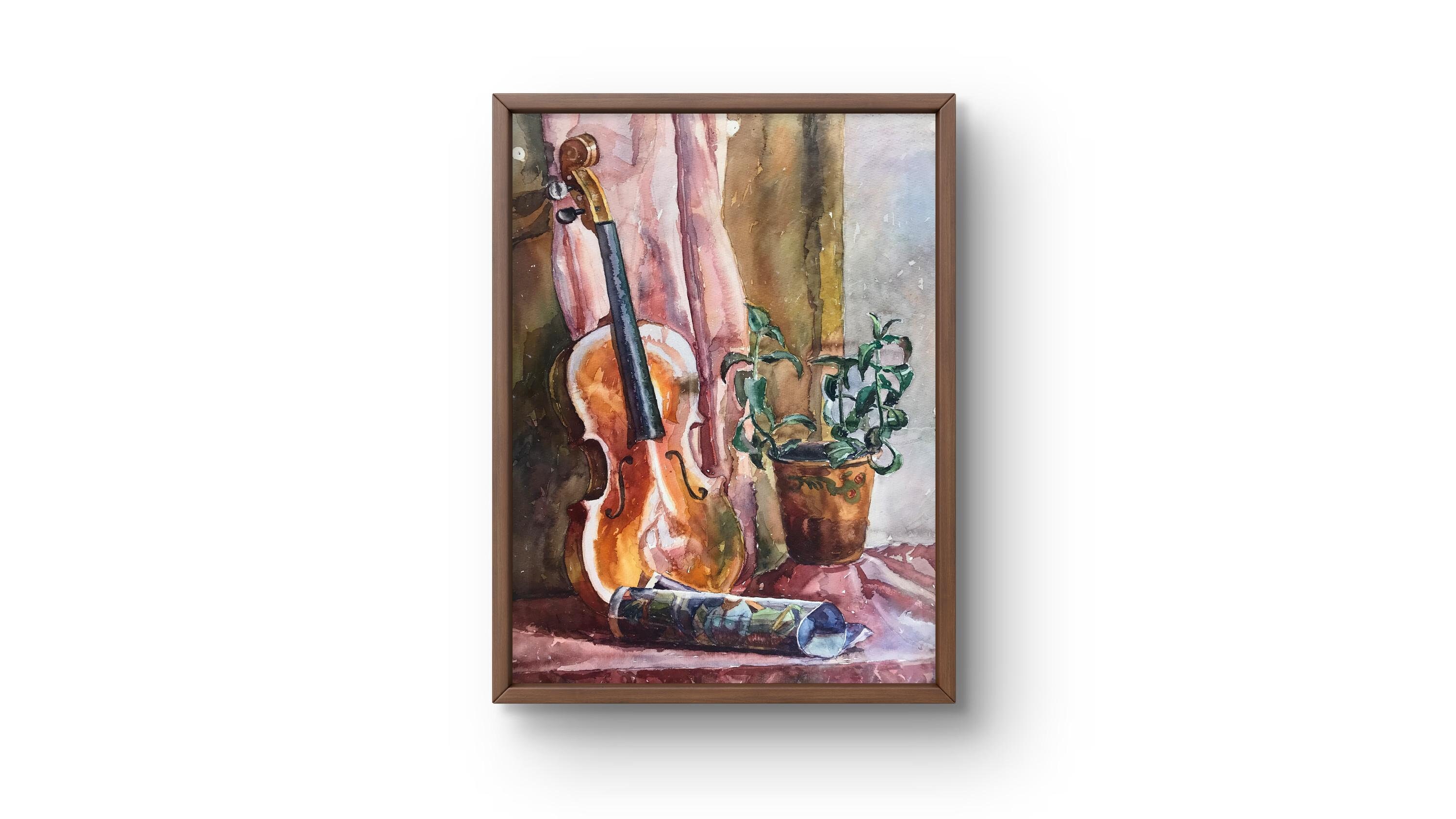 水彩画の静止画、オリジナルの水彩画、鉢植えの植物、暖色系のカーテン