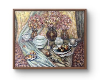 バラの静物画プリント。ロマンチックな窓辺の静物画、クラシックな花柄