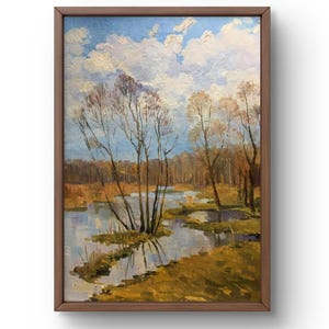 Pintura a óleo paisagem original, pintura a óleo sobre papelão, paisagem de outono com árvores na água sob céu nublado, arte feita à mão, sem moldura