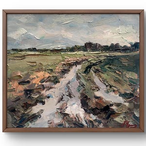 Pintura al óleo paisaje original, pintura sobre cartón, paisaje de campo, arte hecho a mano, naturaleza, sin marco, paisaje de carretera, arte de pared