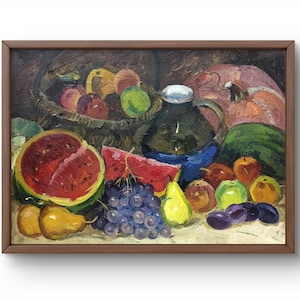 Ölbild Landschaft Original, Ölgemälde auf Karton, Stillleben mit Früchten und einem Krug, handgemachte Kunst, ungerahmt, Wandkunst