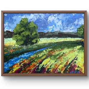 Pintura a óleo paisagem original, pintura em papelão, paisagem de campo, arte artesanal, natureza, sem moldura, paisagem de verão, arte de parede