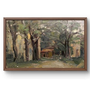 Pintura al óleo paisaje original, pintura al óleo sobre cartón, paisaje de bosque tranquilo con una casa entre los árboles, arte hecho a mano, sin marco