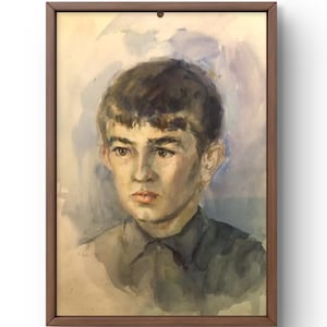 Pintura em aquarela retrato original, pintura em papelão, retrato de menino, arte artesanal, interior, sem moldura, retrato de homem, arte de parede