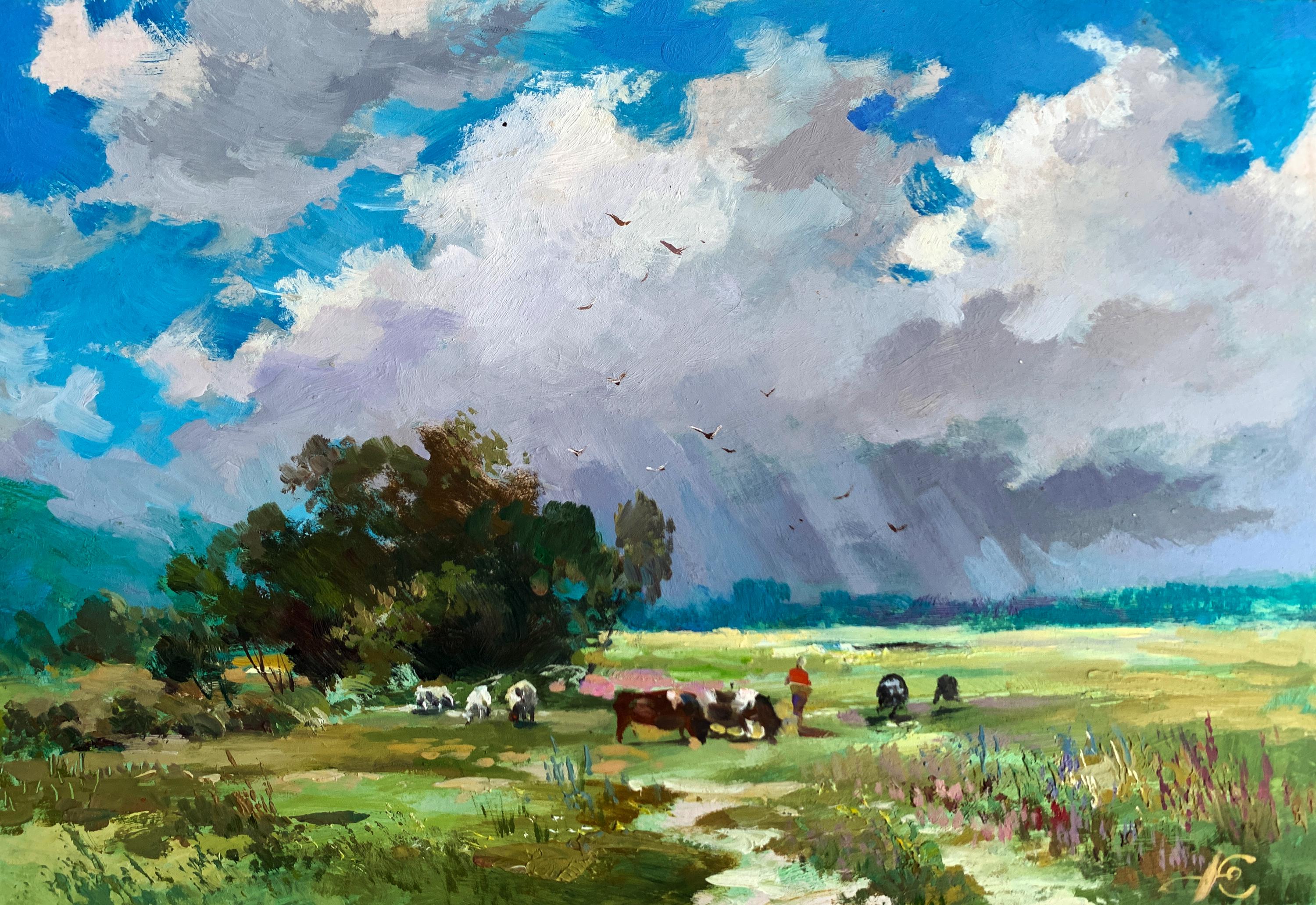 油絵風景画オリジナル、段ボールに描いた絵、夏の風景、手作りアート