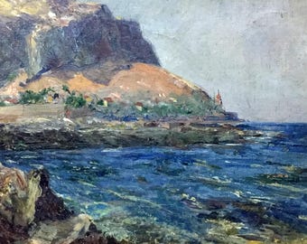 油絵風景画オリジナル、キャンバスに油絵、険しい岩のある海岸の風景
