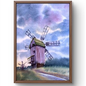 Dipinto ad acquerello paesaggio originale, dipinto su carta, paesaggio di mulini, arte fatta a mano, natura, senza cornice, paesaggio di nuvole, arte murale