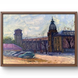 Pintura al óleo paisaje original, pintura sobre cartón, paisaje de la vida urbana, arte hecho a mano, naturaleza, sin marco, paisaje de otoño, arte de pared