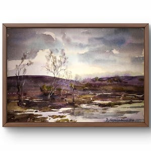 Pintura de acuarela paisaje original, pintura sobre cartón, paisaje de otoño, arte hecho a mano, naturaleza, sin marco, paisaje de árboles, arte de pared