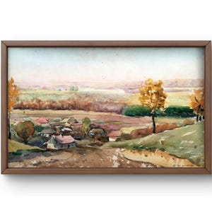 Pintura de acuarela paisaje original, pintura de acuarela sobre cartón, imagen de un pueblo rural con tonos otoñales, arte hecho a mano, enmarcado