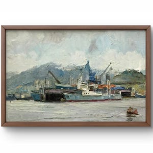 Pintura al óleo paisaje original, pintura al óleo sobre cartón, puerto sereno con barcos y naves con montañas, arte hecho a mano, enmarcado