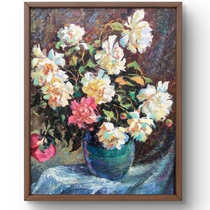 Oil painting still life original, oil painting on canvas, still life with a lush bouquet of flowers in a vase, handmade art, unframed