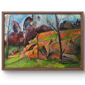 Pintura al óleo abstracta original, pintura sobre cartón, montañas abstractas, arte hecho a mano, naturaleza, sin marco, bosque abstracto, arte de pared