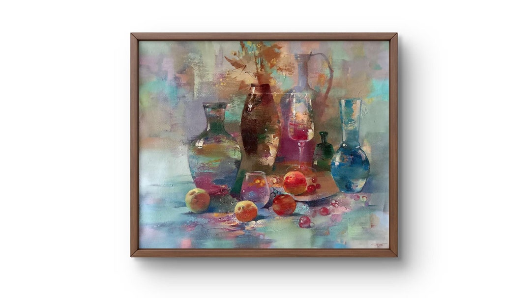 Oil Painting Still Life Original, Oil Painting, Bright Glass Vessels