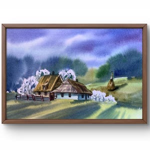 Dipinto ad acquerello paesaggio originale, dipinto su carta, paesaggio del villaggio, arte fatta a mano, natura, senza cornice, paesaggio di alberi, arte murale
