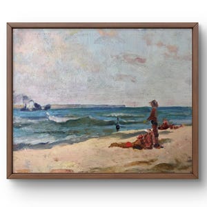Pintura a óleo paisagem original, pintura a óleo sobre papelão, paisagem de praia calma com figuras apreciando o mar, arte feita à mão, sem moldura
