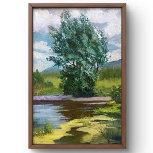 Pintura al óleo paisaje original, pintura al óleo sobre cartón, orilla del río con frondoso árbol y agua tranquila, arte hecho a mano, sin marco, arte de pared