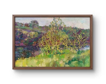 オリジナル油絵：夏の川の風景、森のアートワーク（60 x 50 cm