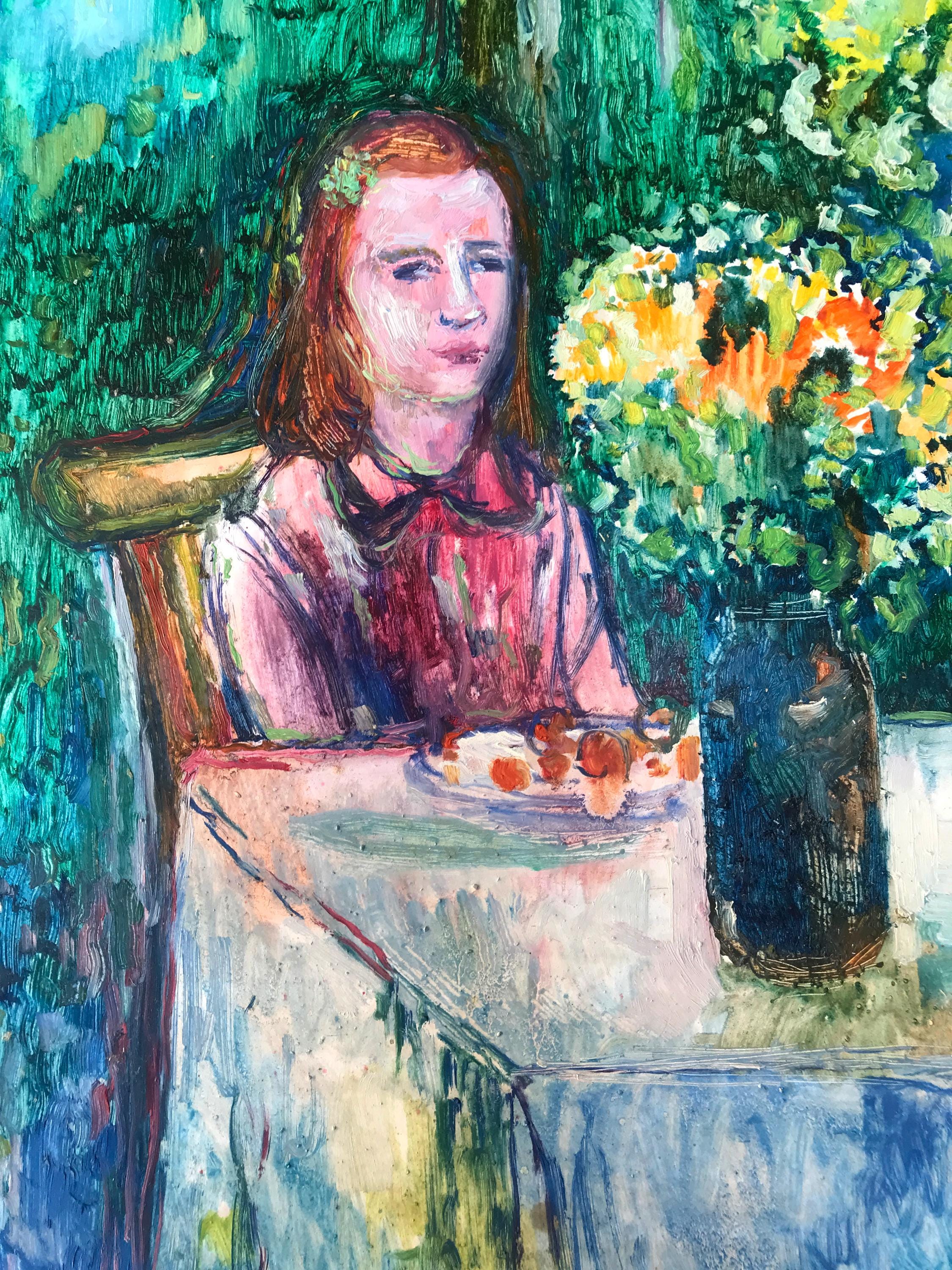 油絵抽象オリジナル油絵段ボール夏の女の子の肖像画手作りアート自然