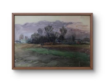 Watercolor painting landscape original, painting on paper, village landscape, handmade art, nature, unframed, field landscape, wall art